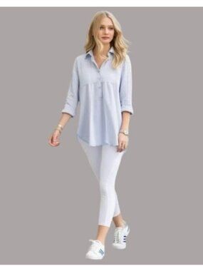 Sigrid Olsen Light Blue Lagenlook Oversized Linen Preppy Tunic Blouse S